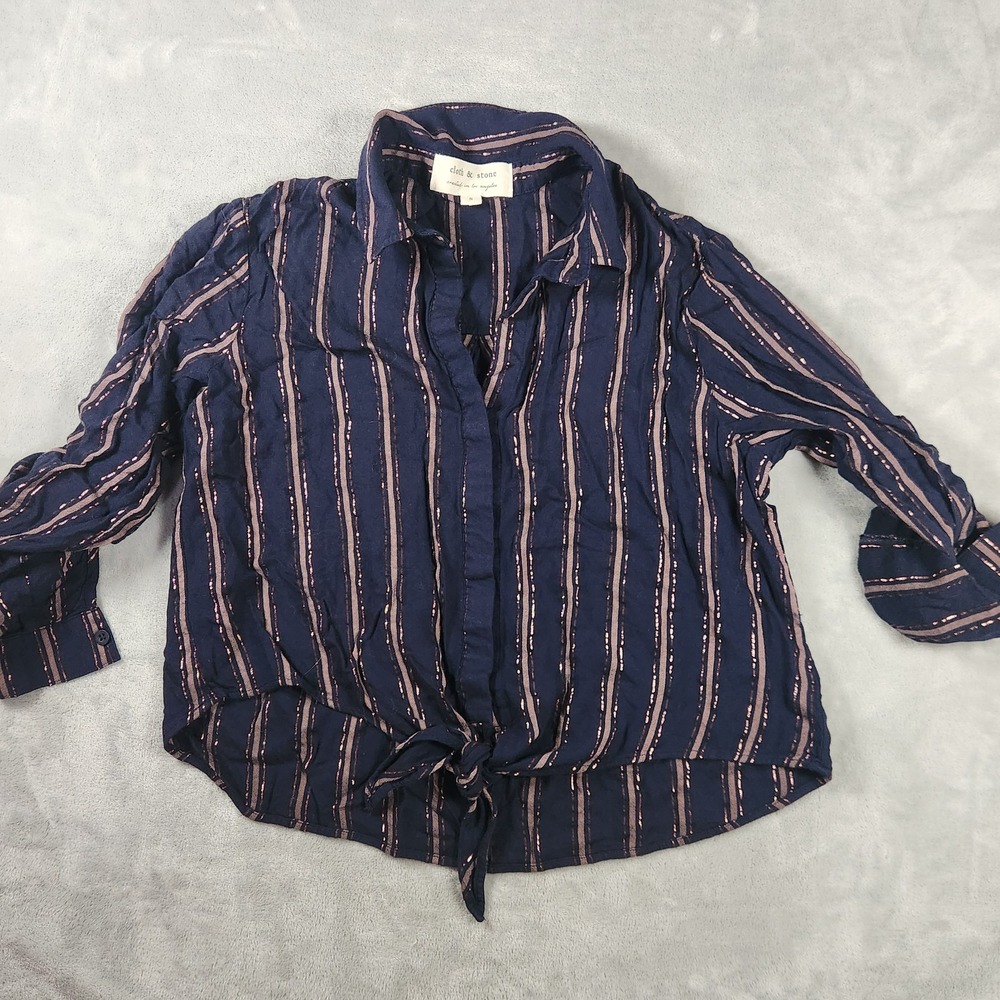 Cloth & Stone Metallic Striped Tie Front Blouse S Black Roll Tab Sleeve Boho